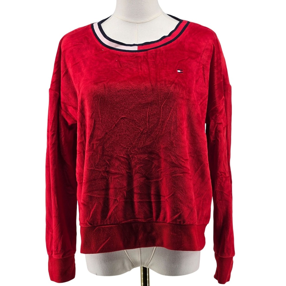 Tommy Hilfiger Sweatshirt Womens S Red Pullover Velour Crewneck Embroidered Logo